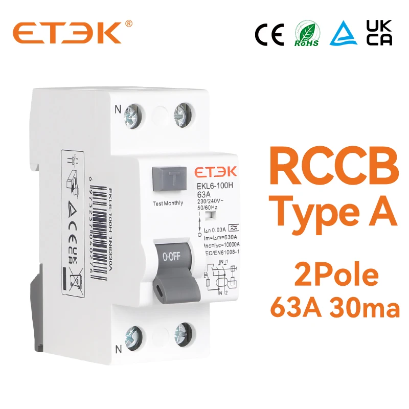 ETEK EKL6 30 мА RCD RCCB 2-полюсный тип A 10 ка 1P + N 2 P 63A постоянный ток 230 В