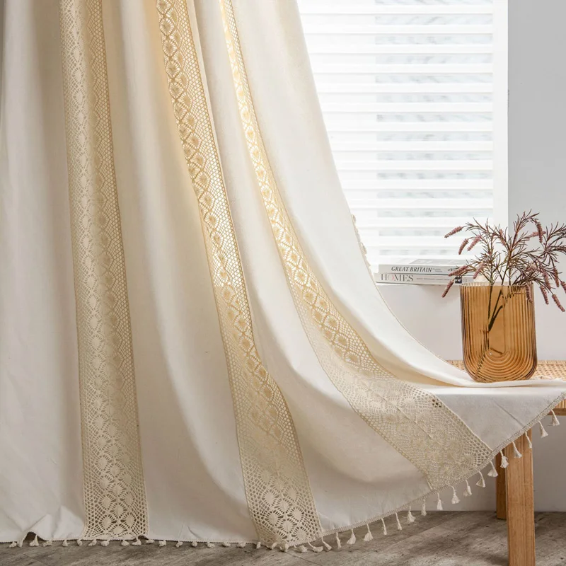 

Boho Semi-Blackout Crochet Curtains Dots Cotton Linen Tassels Cream Window Treatment Panels for Bedroom Living Room Decor TJ8475