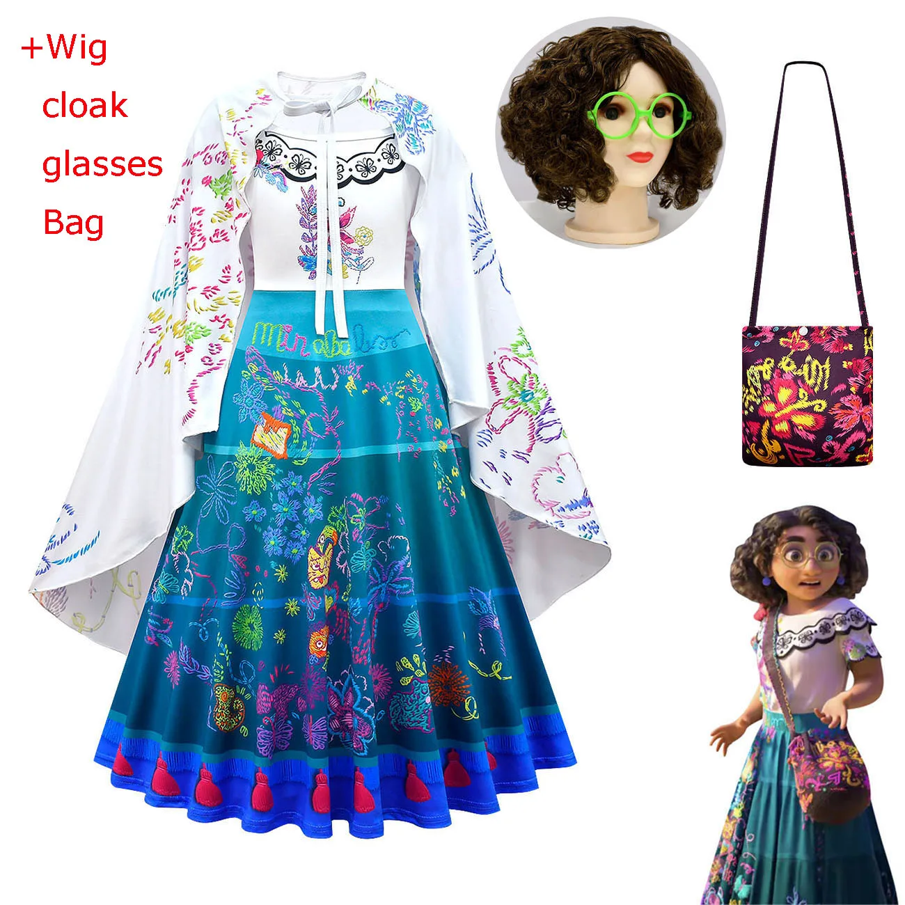 

New Encanto Madrigal Cosplay Costume Girl Dress Fancy Dresses for Carnival Halloween Princess Dress Glasses Wig Bag Costume