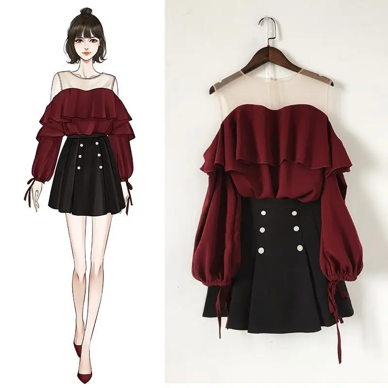 

2022 Spring Summer Women Sexy Mesh Patchwork Ruffle Puff Sleeve Off Shoulder Tops+High Waist A Line Skirt Two Piece Sets Female