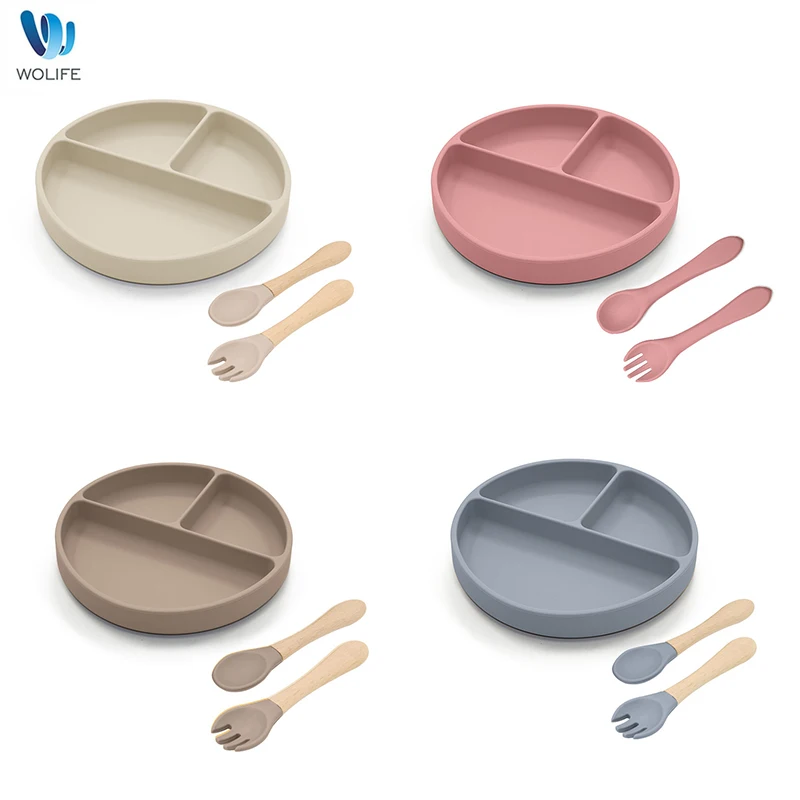Baby 3pcs/set Safe Silicone Tableware Set Children Sucker Dining Plate Wood Fork and Spoon Kids Feeding Training Dishes BPA Free enlarge