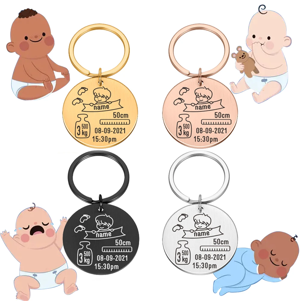 

Personalized Keychain Newborn Baby Information Keyring Customized Name Birth Date Designer Key Chains Gift for New Baby Birthday