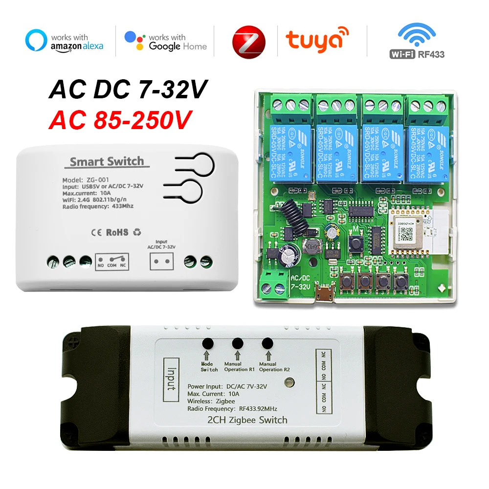 

Zigbee Tuya Smart WiFi Motor Light Switch Module 1/2/4CH RF433 Remote Control Relay for Alexa Google Home 5V 12V 32V 220V AC DC