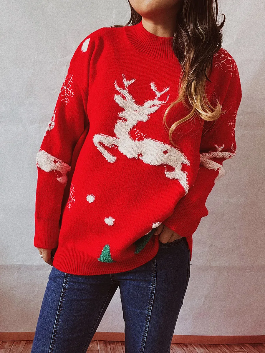 

Women Christmas Sweater Tops Christmas Tree Elk Patterns Mock Neck Long Sleeve Knitwear Winter Autumn Pullovers Coat Outfits