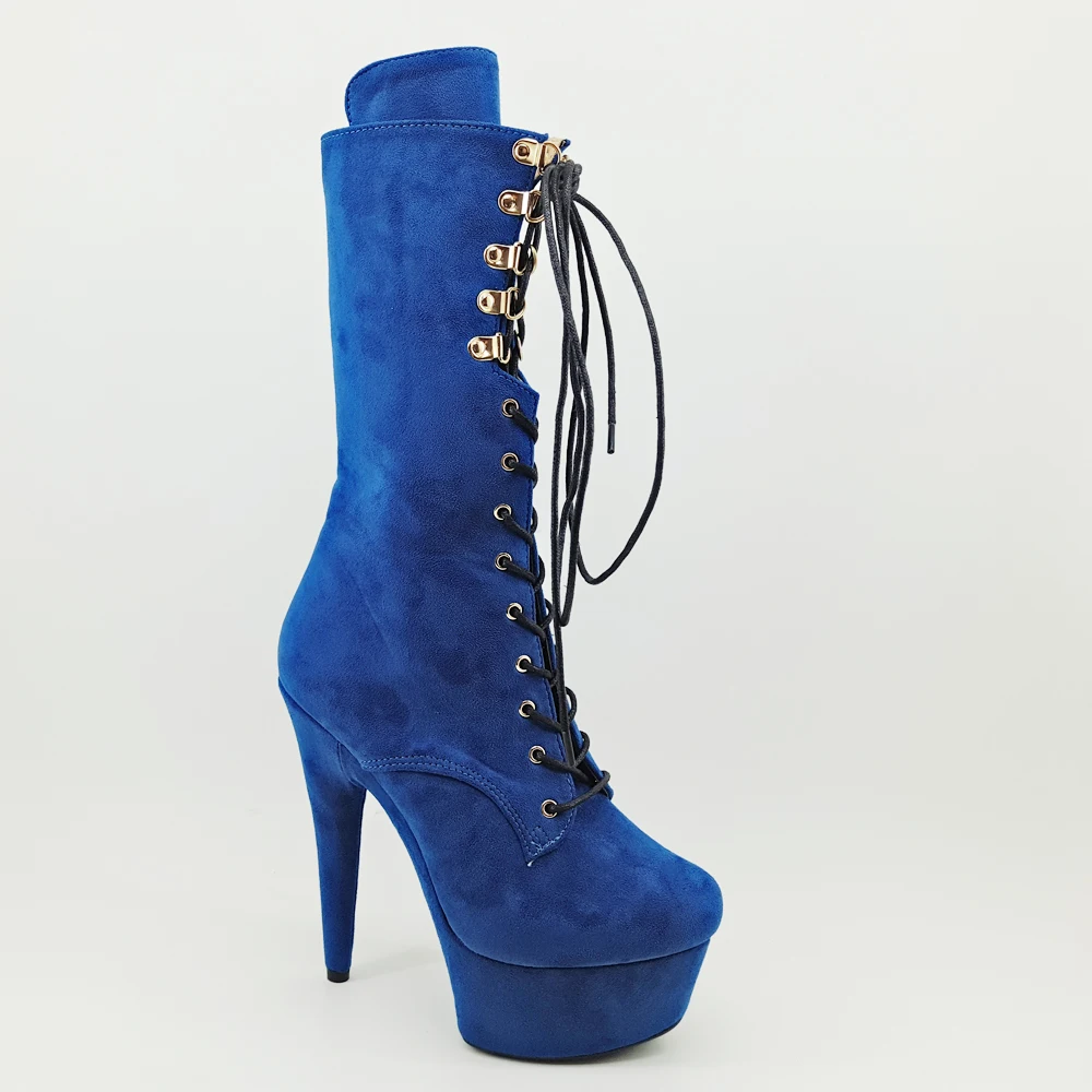 Leecabe Blue Suede 15CM/6inches Pole dancing shoes High Heel platform Boots closed toe Pole Dance booties