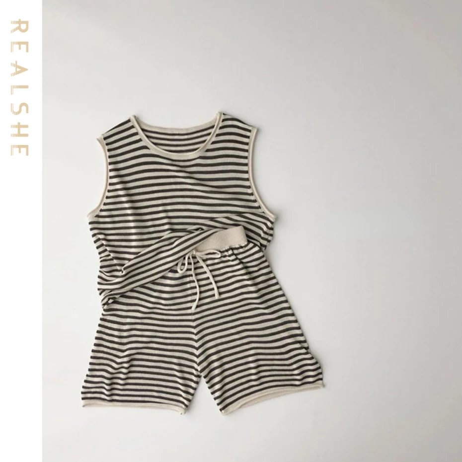 

Korea Style Baby Boys Clothes Sets Girls Clothing Set Summer Sleeveless Striped Shirts Shorts Kids Clothes 2023 Suit