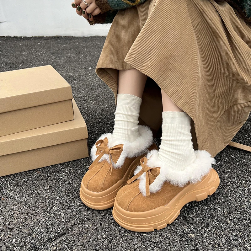 Женские зимние ботильоны на меху с бантом хлопковые тапочки платформе и плоской