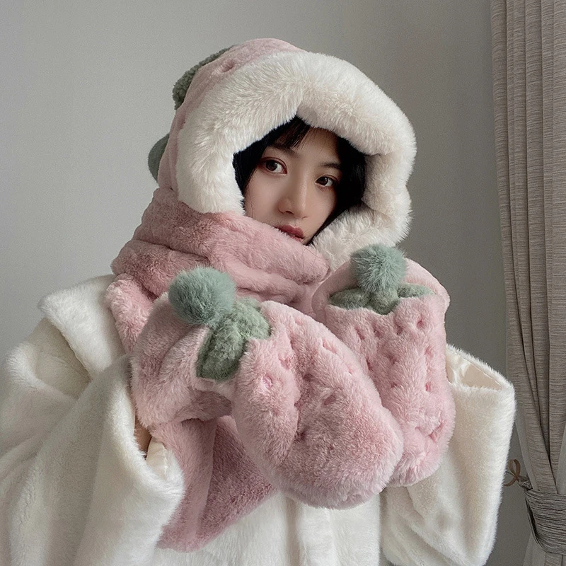 

New Sweet Fashion Women's Lei Feng Hat Winter Warm Plush Thickening Imitation Plush Cute Girl Hat Scarf Gloves Three-Piece Suit