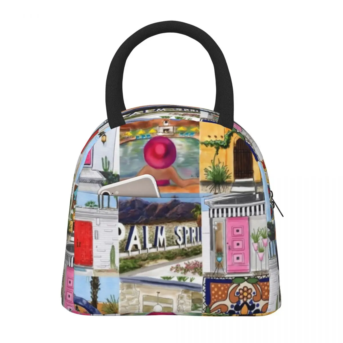 

Vacation Mid Century Lunch Bag Palm Springs Talavera Portable Lunch Box Travel Graphic Cooler Bag Oxford Thermal Tote Handbags