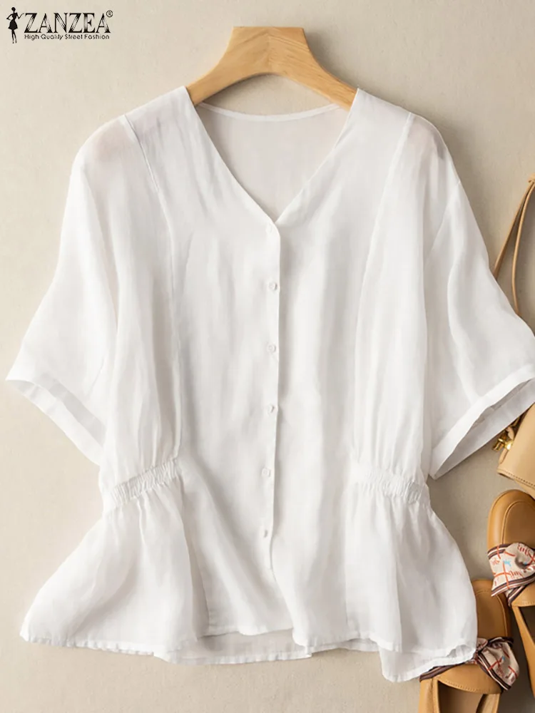 

ZANZEA Fashion Short Sleeve Vintage Solid Shirts Women Blouses Summer Casual Blusas Female High Waist Tunic Chemise Oversized