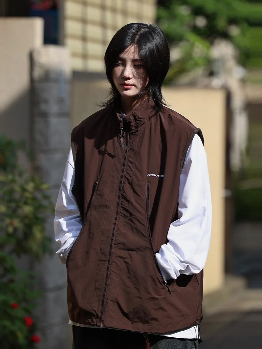 Your First Love Lao Wang Japan fashion Retro Waistcoat Vest Men's Fashion Brand Stand Collar Drawstring Curve Zip-up Pocket E...