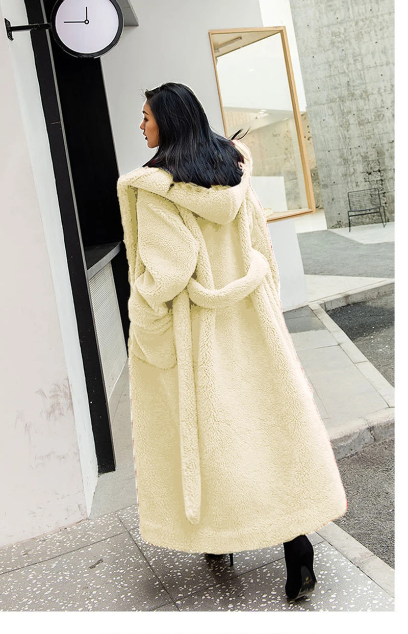 Winter Jacket Women 2023 New Long Faux Fur Coat Plush Thick Warm Fluffy Teddy Ladies Casual Loose Belt Brown Lamb Fur Parkas Top