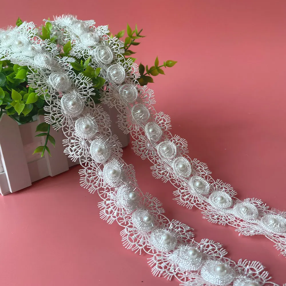 

3/5.5CM Wide 1 Yard White Beaded Mesh Applique Trim Lace Ribbon for Fringe DIY Princess Wedding Dress Sewing Accessories African