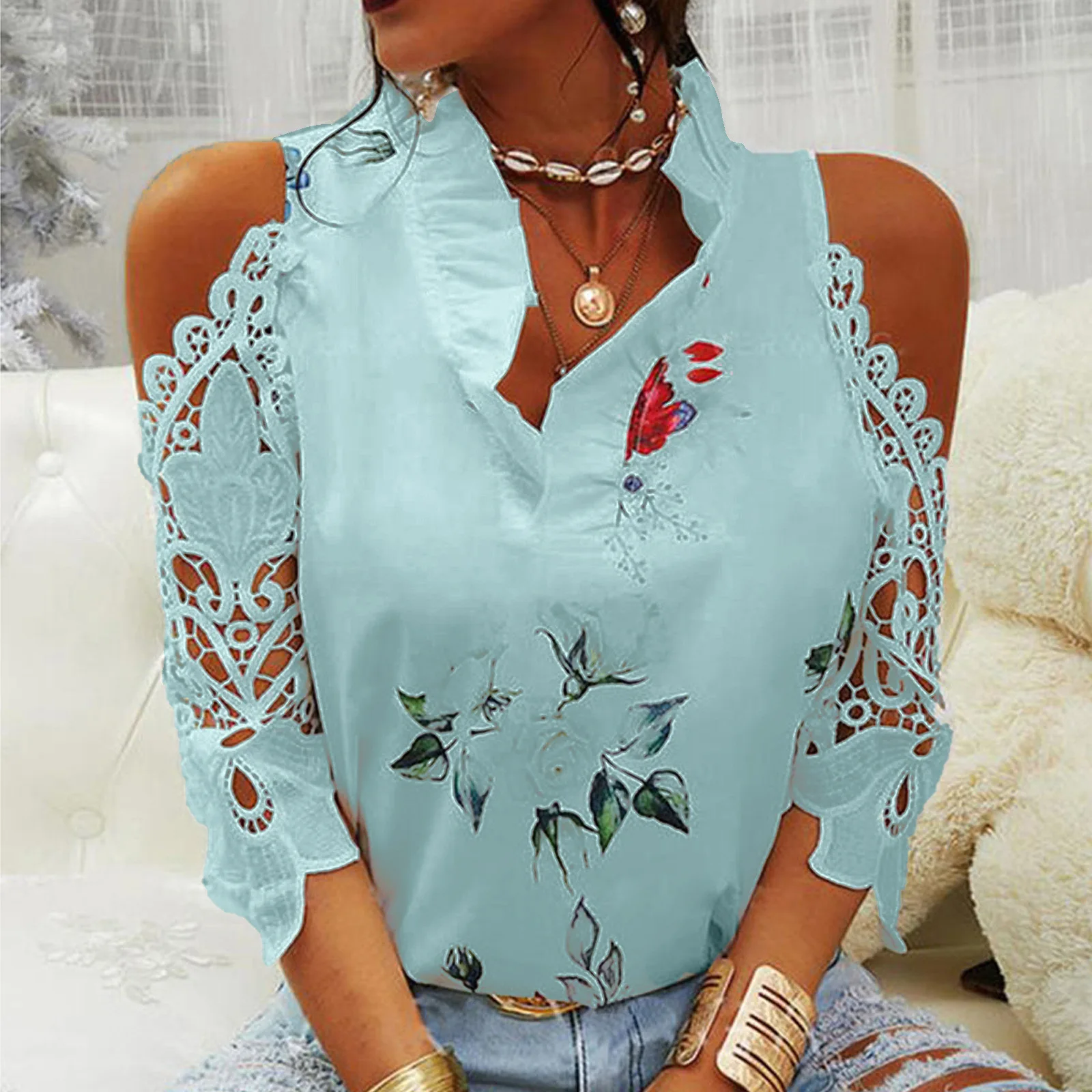 

Spring Summer Floral printed V-neck lace 3/4 Sleeve Print Women’s T-Shirts Clothing Fashion Casual Loose Pullover Tee Shirt