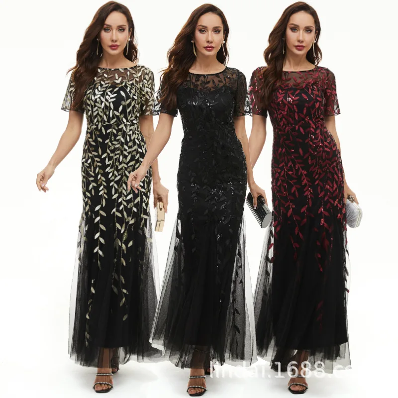 

Evening Dress O-Neck Sequins Floor-Length Elegant Short Sleeves Zipper Back Mermaid New Plus size Women Formal Party Gown C1585