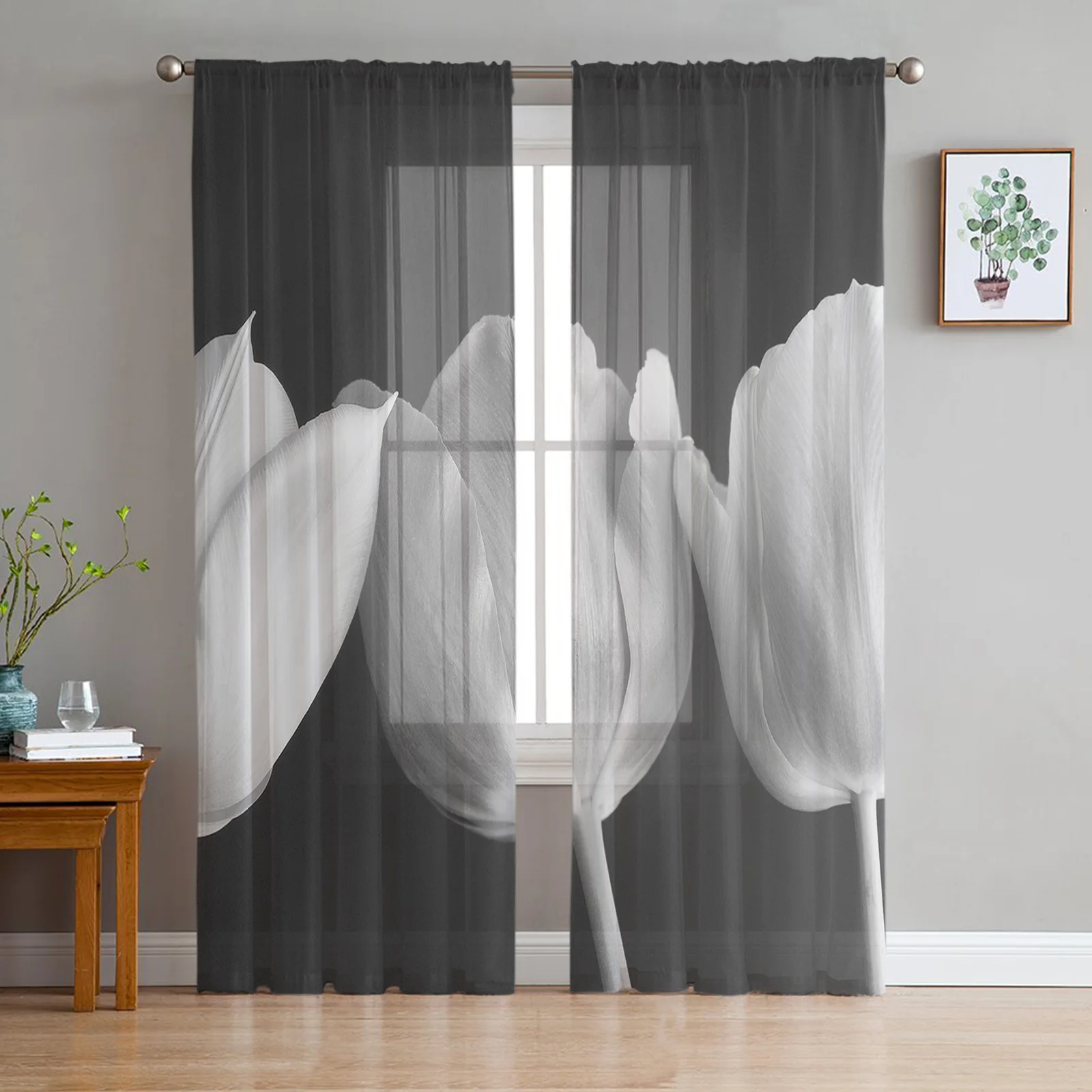 

Тюлевые занавески с цветами тюльпанов, черно-белые прозрачные шторы из шифона для украшения гостиной, спальни, прозрачная вуаль