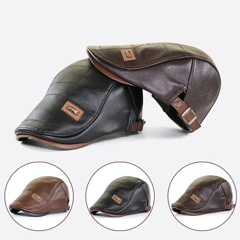 

2023 New Middle-aged Beret Hat Men Outdoor Casual Warm Berets Caps For Men Faux Leather Cap Male England Casquette Homme
