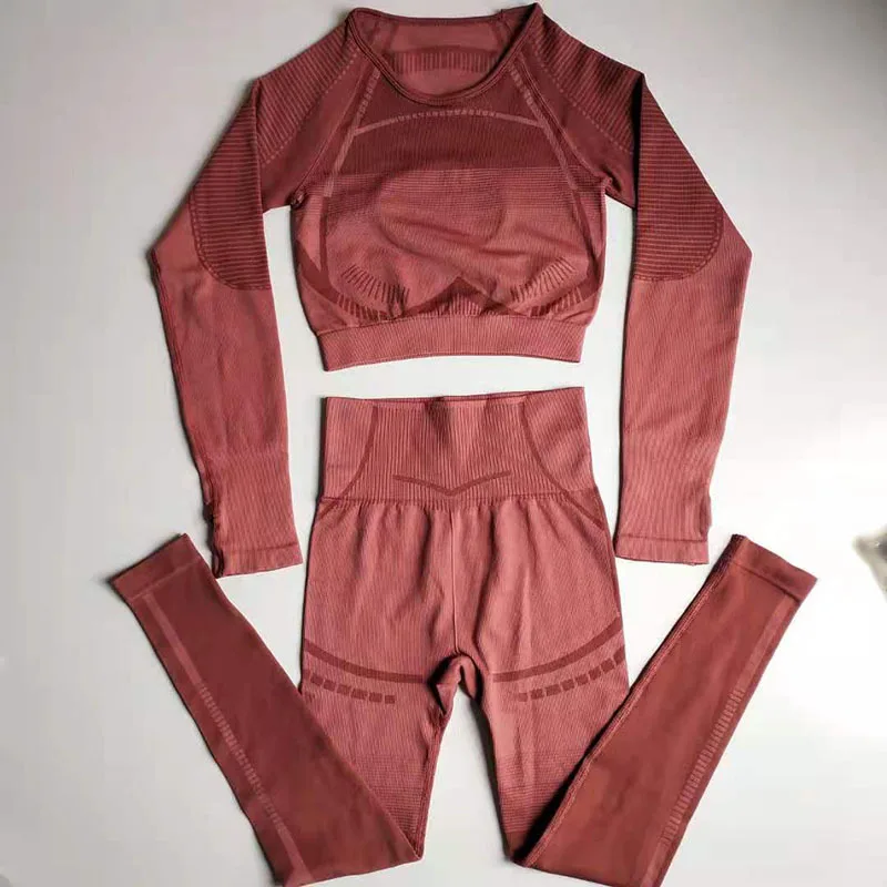 

Yoga Suit for Women High Waist Pants Sports Fitness Leggings Female Stretch Slim Long Sleeves Seamless Crop Top Workout Clothing