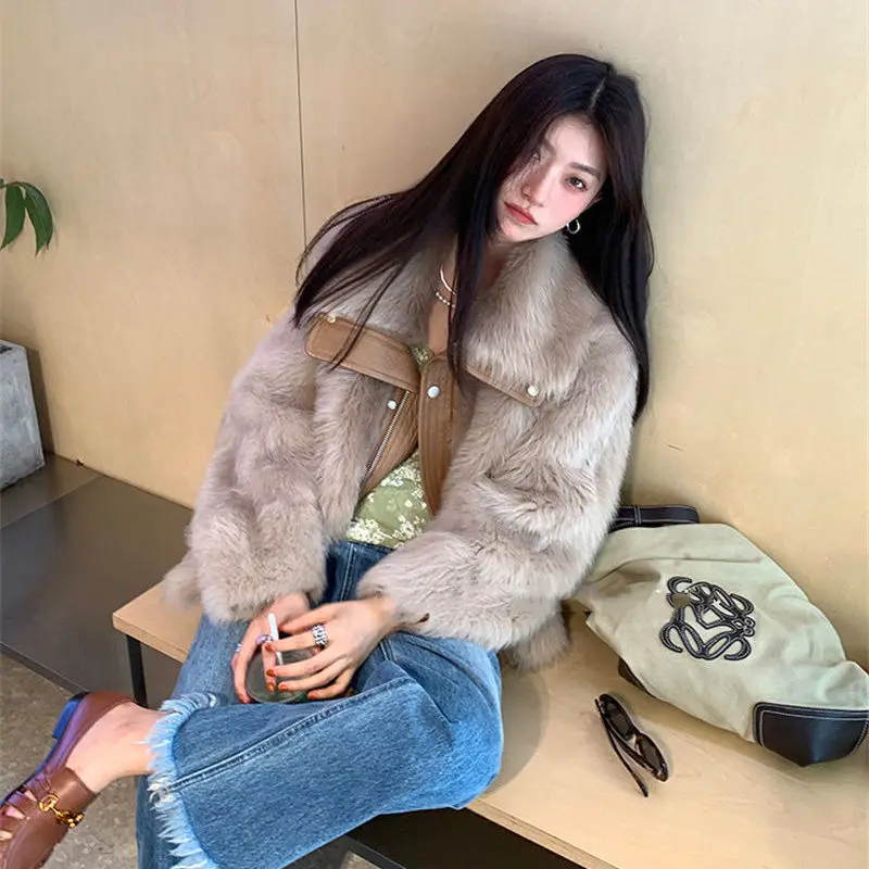 

2022 Winter Vintage Women Fashion Turn Down Collar Long Sleeve Coat Patchwork Jacket Zipper Vintage Warm Thick Outcoat U91