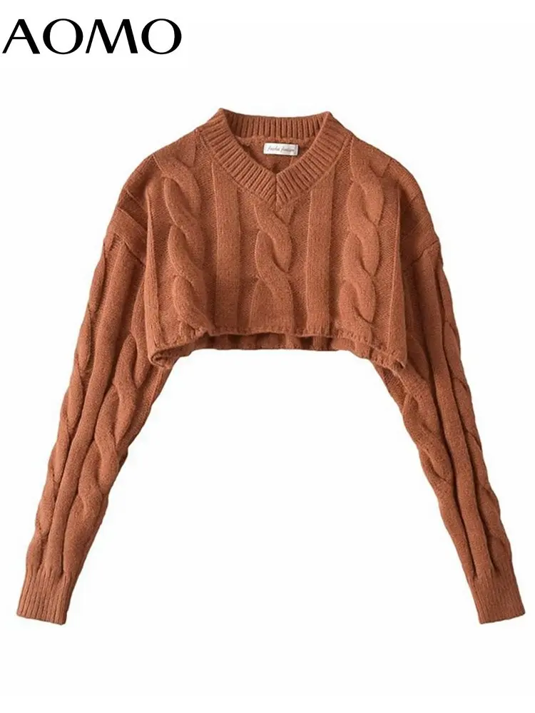 

AOMO Women 2022 Winter Twist Loose Crop Knitted Sweater Long Sleeve Female Pullovers 2T25A