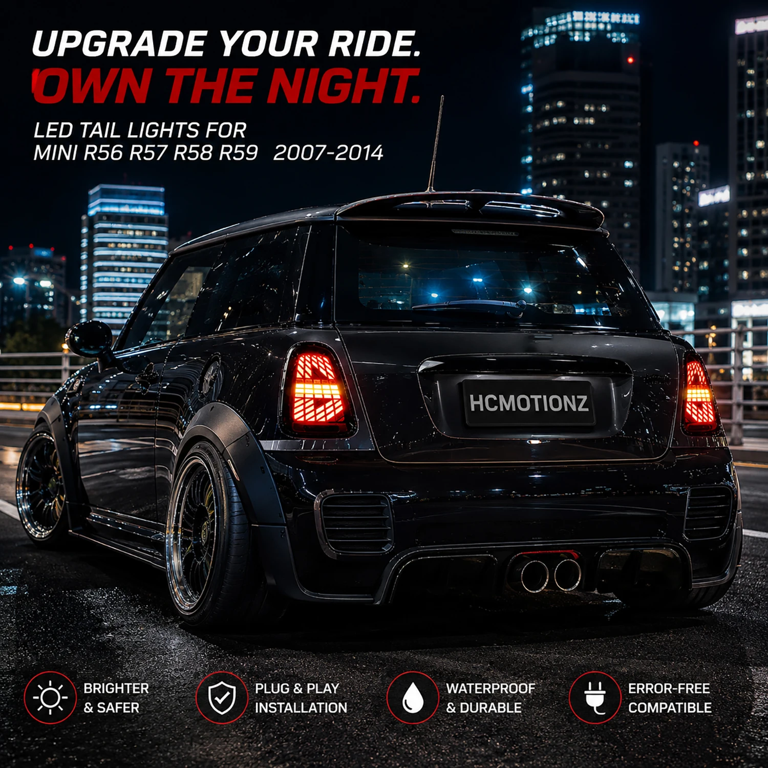 Фото Светодиодные задние фонари HCMOTIONZ для Mini R56 R57 R58 R59 2007-2014 с последовательной подсветкой, анимацией запуска, ДХО, стоп-сигналом, двойной подсветкой заднего хода и противотуманными фарами (красные/дымчатые) №2