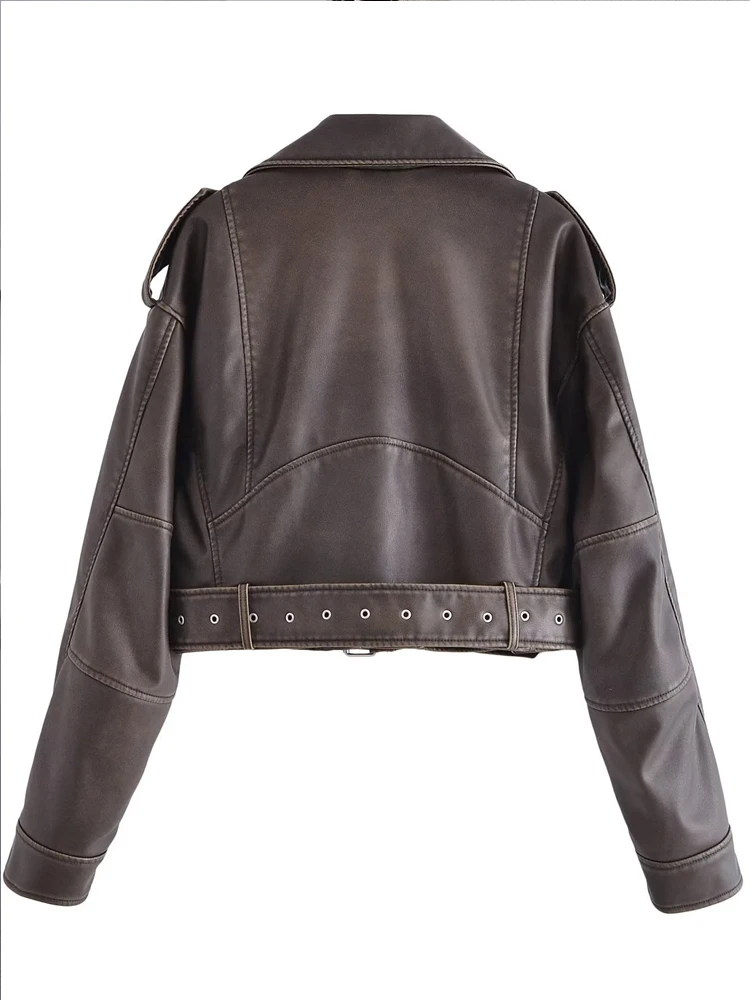 Brown Women's Autumn Faux leather jacket Korean style Short Zipper motorcycle jacket PU coat Female Clothing 2023 INKEO 3O077