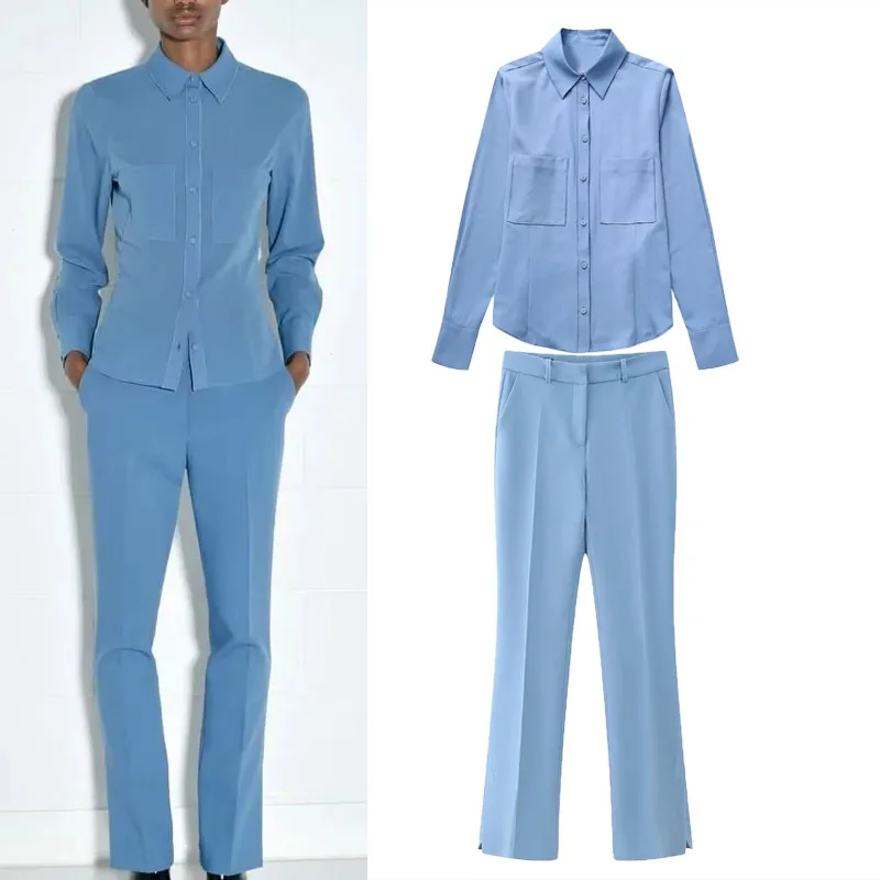 

TRAF Female Crepe Pocket Shirts Suits Blue Elegant Lapel Lined Button Shirt Woman Fashion Mid Waist Slit Hem Pant 2 Pieces Sets