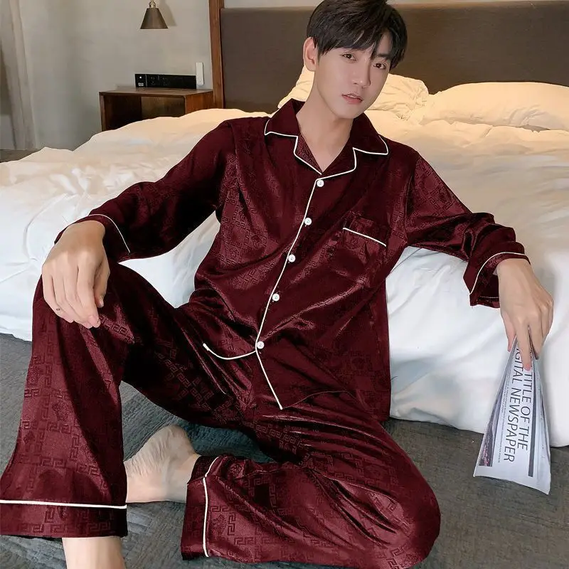 2023 Men's pajamas Pajamas Men's Ice Silk Spring and Autumn 2023 New Long Sleeve Youth Summer Thin Men's Silk Home Suit