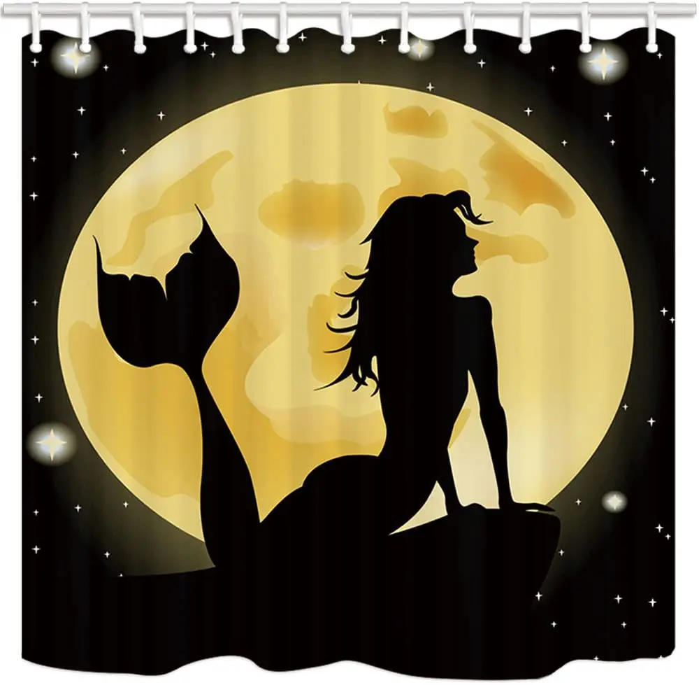 

Mermaid Shower Curtain Myth Mermaid on The Sea in The Moonlit Night Polyester Fabric Bath Bathroom Curtains Set with Hooks