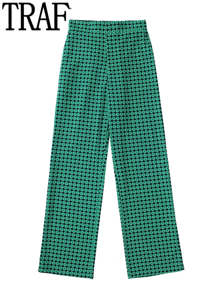 

TRAF 2022 Green Printed Women Pants High Waist Casual Baggy Pants Fashion Straight Leg Woman Trousers Summer Streetwear Pants
