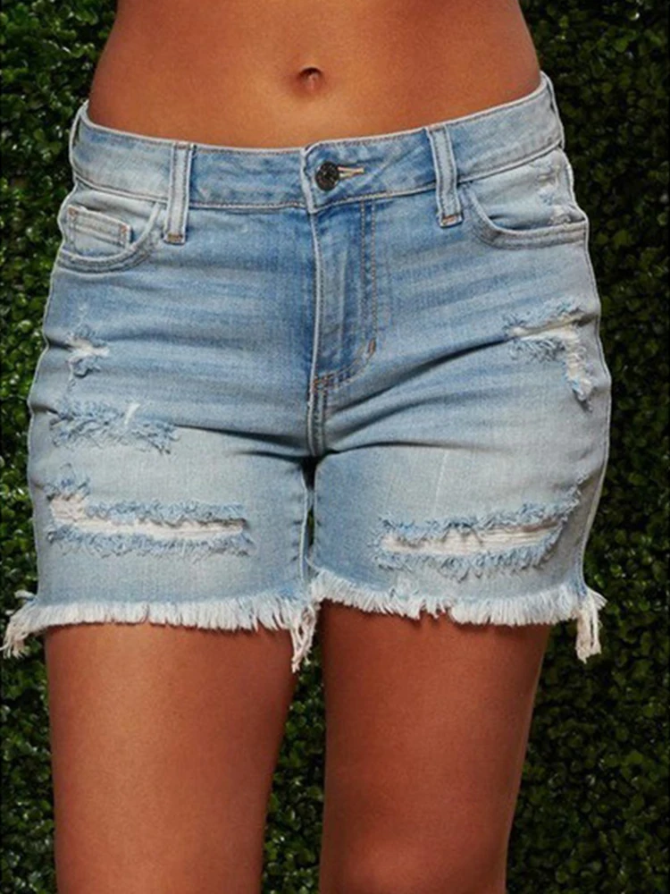 New Deep Color Tassels Shorts Fashion High Street Women's Jeans 2023 Trend With Holes Retro Showing Thin Slim Denim Shorts