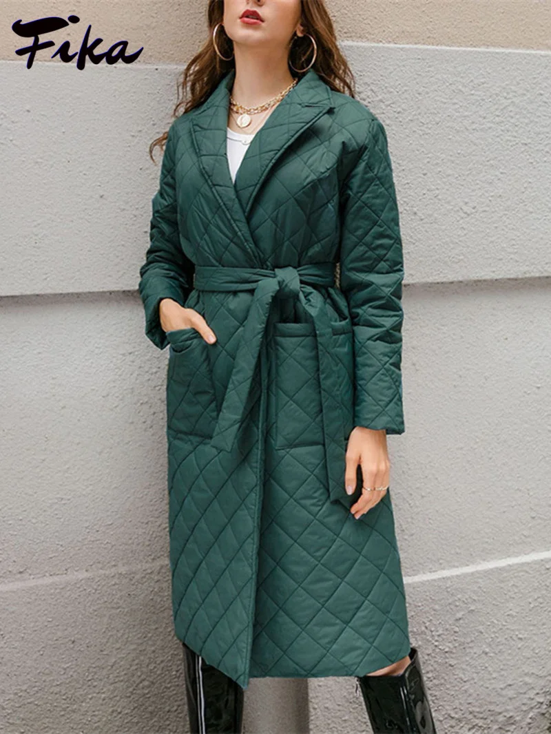 

Женское длинное Прямое пальто с ромбовидным узором, повседневная однотонная парка с поясом и глубокими карманами, стильная верхняя одежда с воротником-стойкой