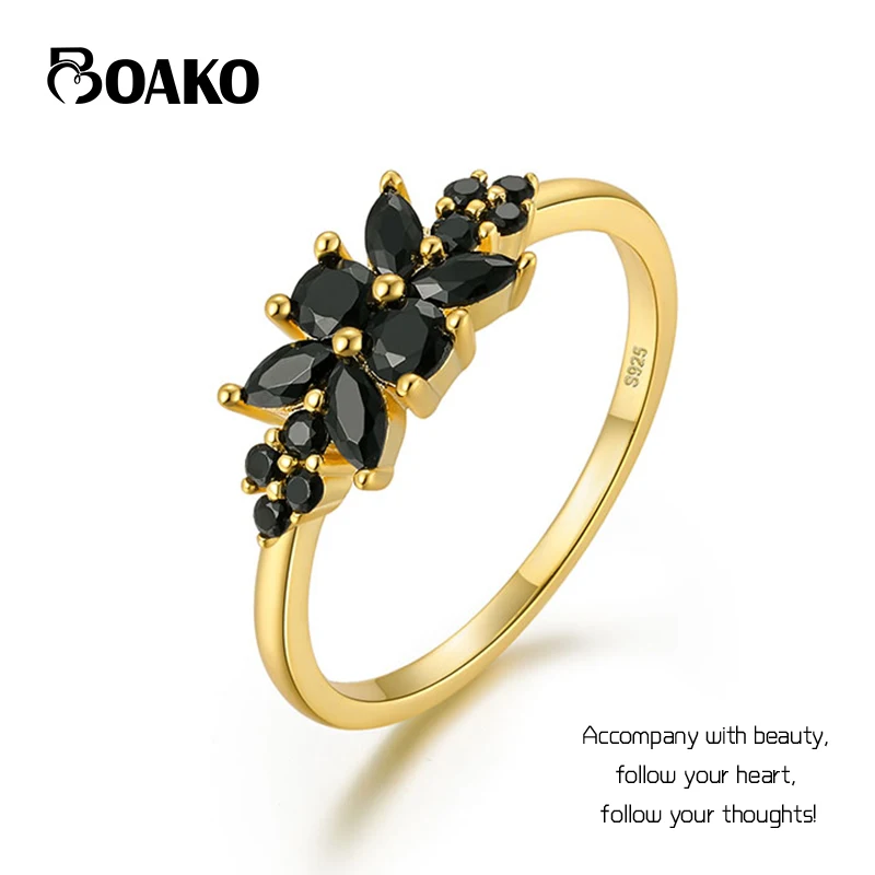 

BOAKO 925 Sterling Silver Engagement Ring Vintage Luxury Cluster Floral Black Gemstones Rings for Women Wedding Jewelry Anillos