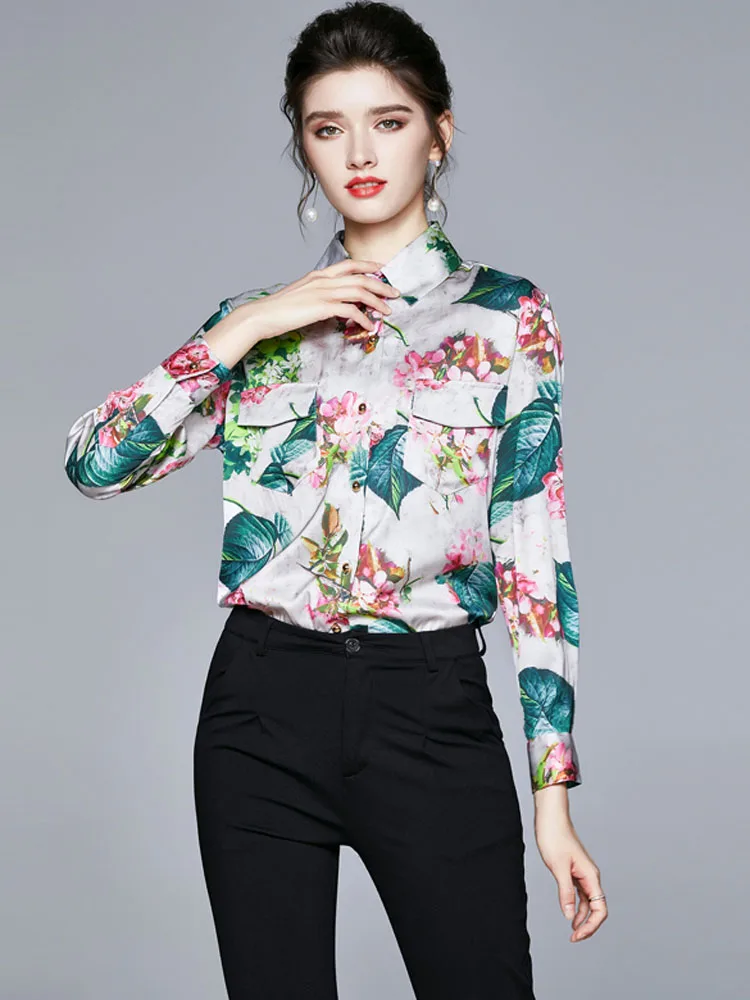 

2022 Spring Autumn Women's Shirt Elegant Vintage Print Satin Long Sleeve Polo Collar Symmetrical Pockets Slimming B27