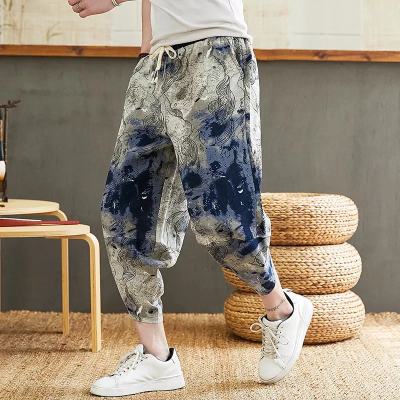 

Cotton Harem Pants Men 2022 Summer Japanese Men Women Hip Hop Plus Size Wide Leg Pants Bloomers Calf-Length Pants Joggers