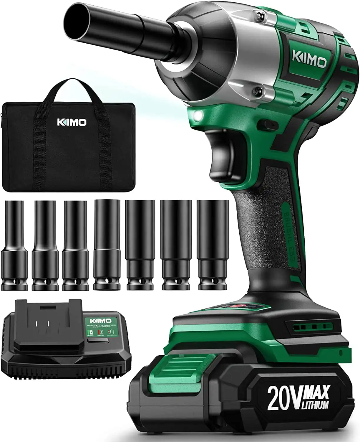 

Cordless 1/2 Impact Wrench Kit with Premium Brake Stop 7 Sockets & Fast Charger Brushless Electric Impact Gun for Car