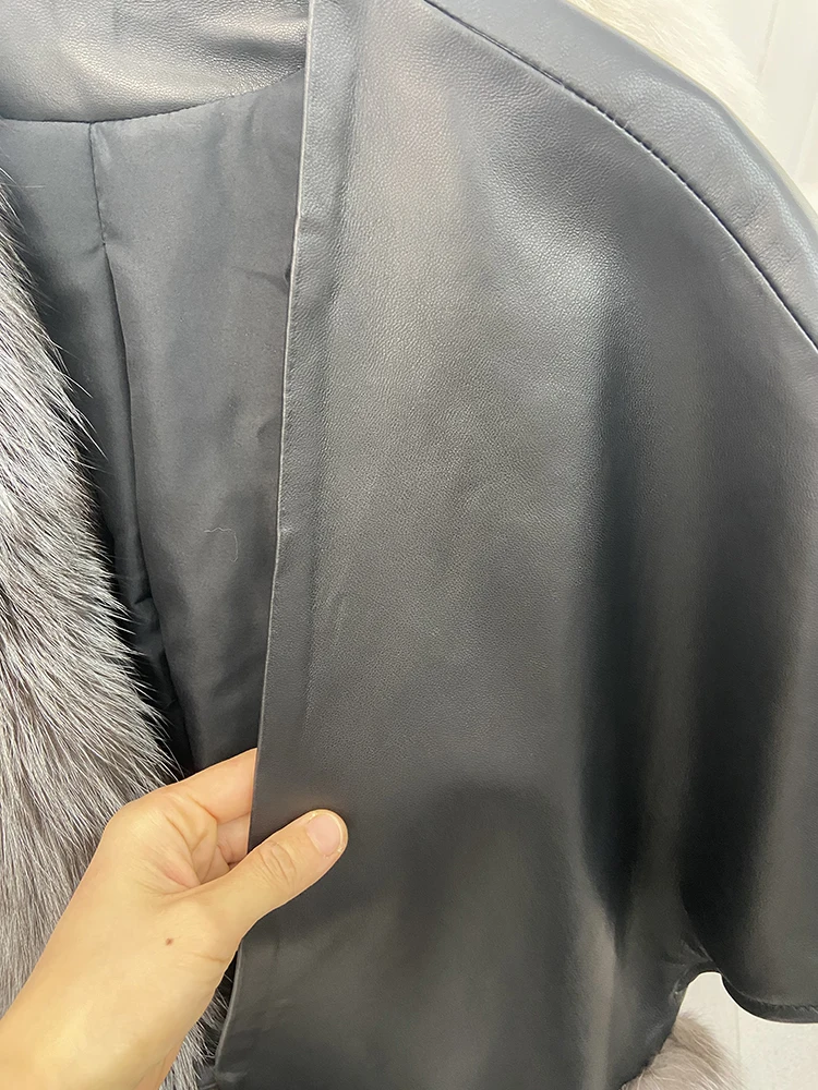 2022 High Quality Luxury Women Female Real Silver Fox Fur Outside Genuine Sheepskin Leather Oversize Loose Leisure Coat