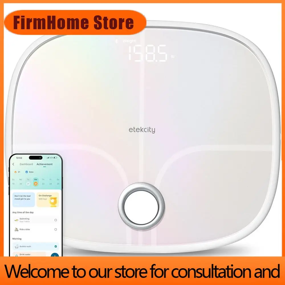 Фото Умные весы FirmHome Store с Bluetooth-синхронизацией, 13 функций: измерение веса, ИМТ, мышечной массы, совместимость с HSA, перезаряжаемые, белые №1