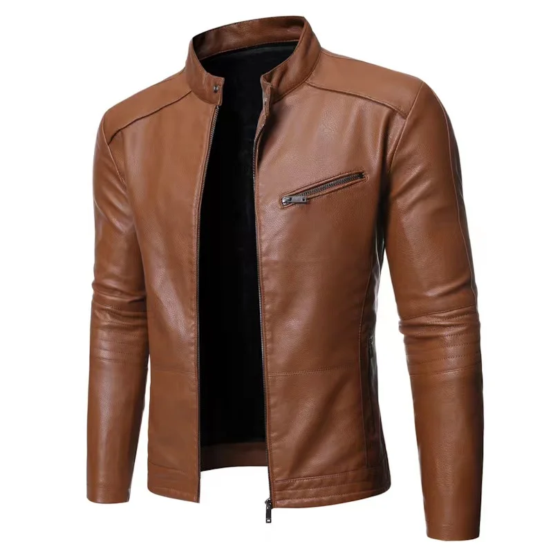 

2022 New Men's Autumn Winter Jacket Leather Jacket Slim Stand Collar Men's Windproof Motorcycle Lapel Oblique Zipper Jacket M