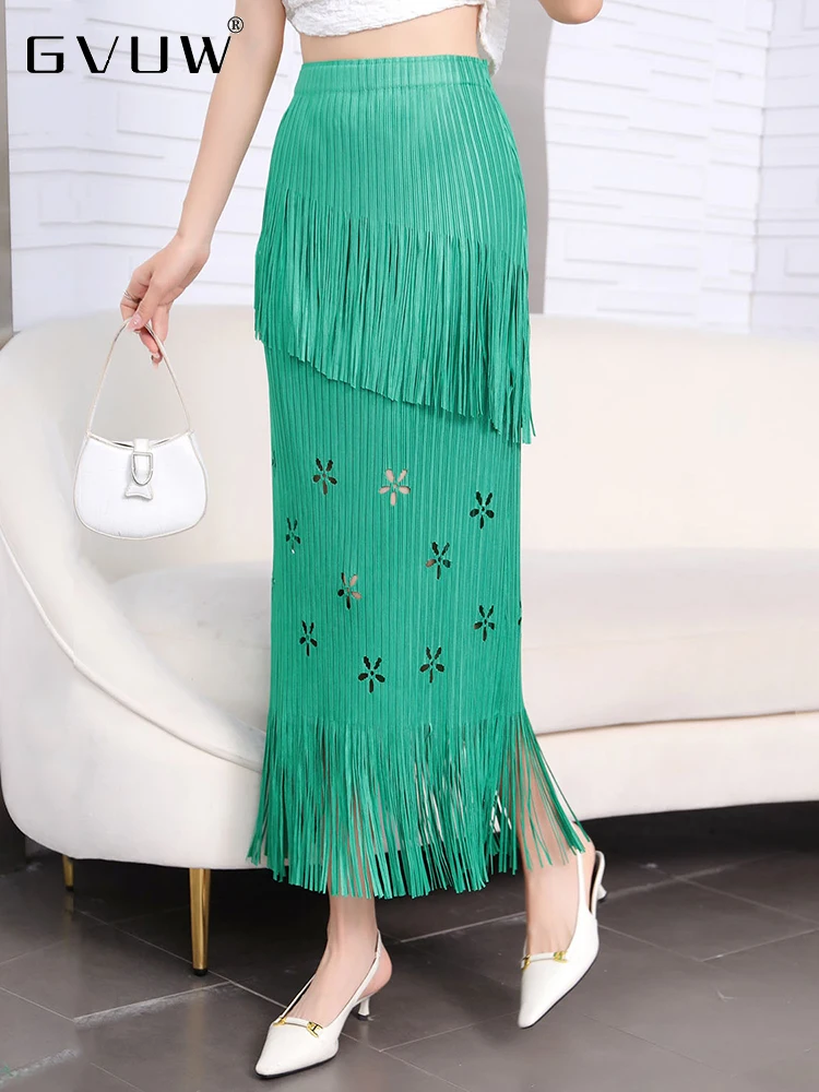 

GVUW Solid Color Pleated Tassel Hip Wrap Skirt For Women Elastic Waist Patchwork Hole Female Elegant 2023 Summer Fashion 17J1387
