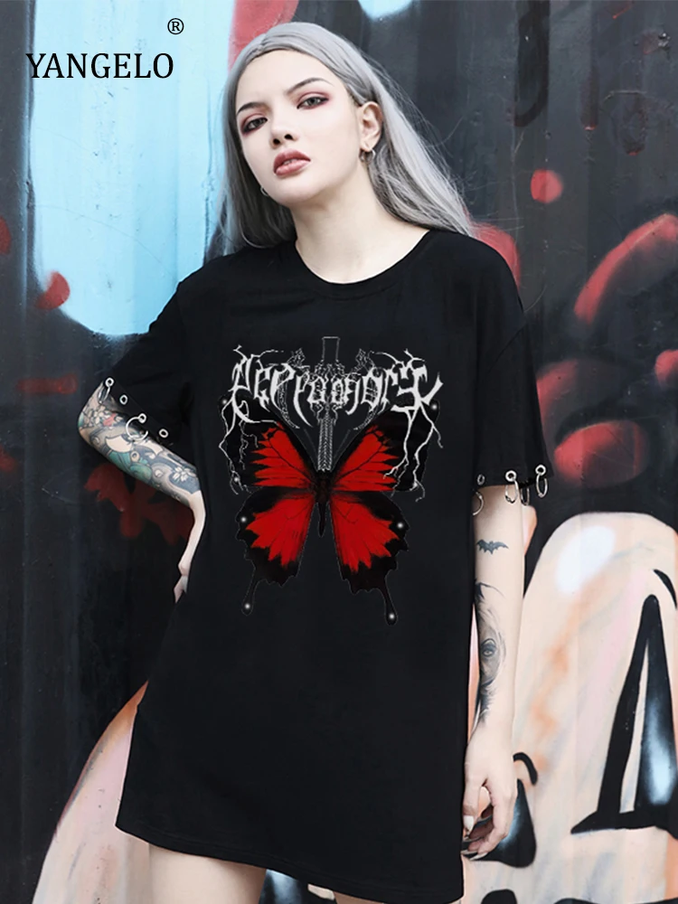 

Yangelo Grunge Aesthetic Graphic Tshirt Women Goth Black Butterfly Pattern Tops Sequined Sleeve Fairy Grunge Tee Y2K Pullover