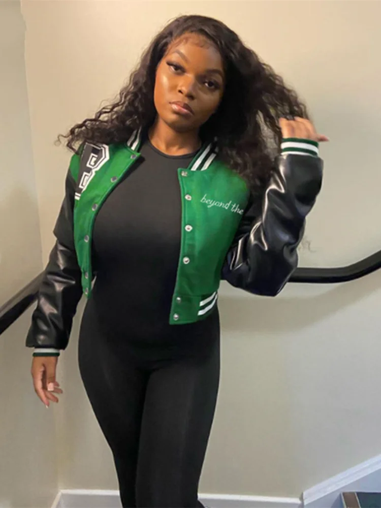 Kliou PU Лоскутная куртка в консервативном стиле Женская Осенняя Университетская