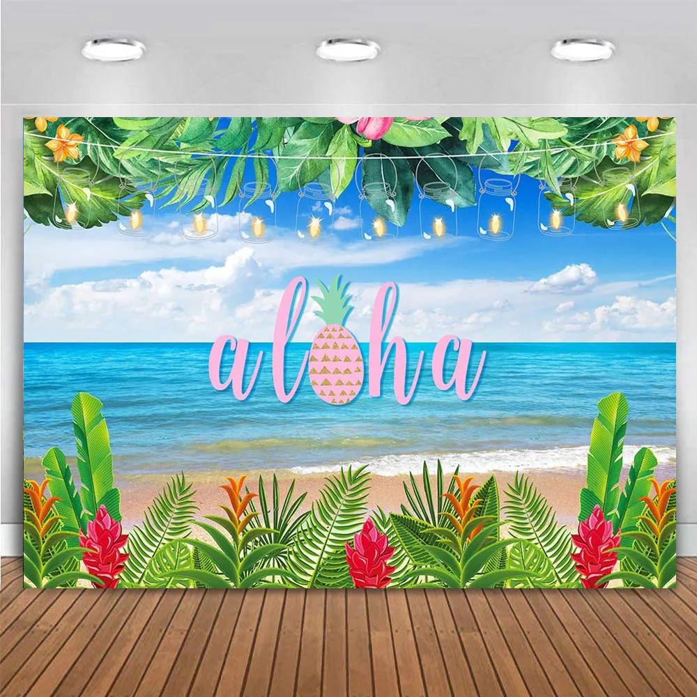 

Aloha Summer Luau Themed Party Backdrop Hawaiian Beach Tropical Flower Background for Baby Shower Birthday Photo Booth Banner