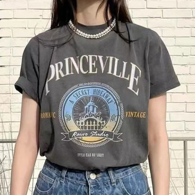 

Vintage Distressed Print Women Cotton Tee 2022 Summer New Loose O-neck fashion Ladies Short-sleeved Tshirts