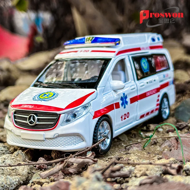 

1:32 Mercedes Benz Emergency ambulance 120 Diecast Metal Alloy Model car Sound Light Pull Back Collection Kids Toy Gifts