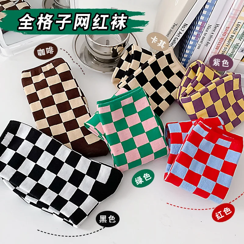 

new ins trend checkerboard women socks spring and autumn new female breathable middle tube ladys' socks plaid explosions