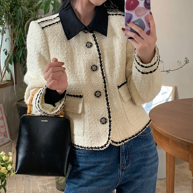 

Женский твидовый пиджак с отложным воротником, элегантный подиумный шерстяной Блейзер в Корейском стиле, верхняя одежда, осень