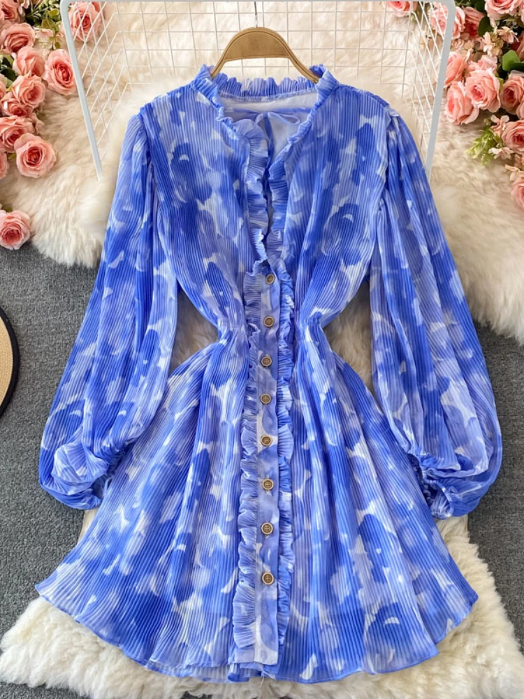 

Spring Autumn Retro Short Dress Women Stand Collar Tie-dye Print Pleated Dress Ladies Elegant Long-sleeved Boho Beach Dress