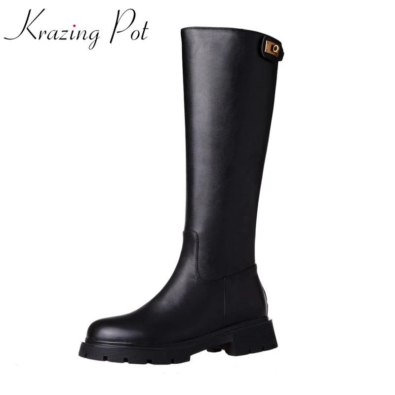 

Krazing Pot Cow Leather Modern Boots Round Toe Med Heels Korean Girl Metal Decoration Thick Bottom Zipper Cozy Thigh High Boots