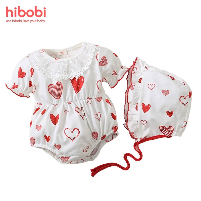 

hibobi Baby Girl Valentine's Day Heart-shaped Bodysuit Hat Two-piece